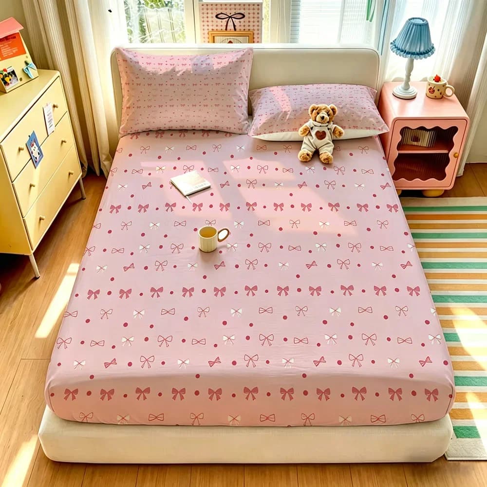 3PCS Pink Sweet Bow Polka Dot Fitted Sheet Set Soft Bedroom Bedding Decoration No Core