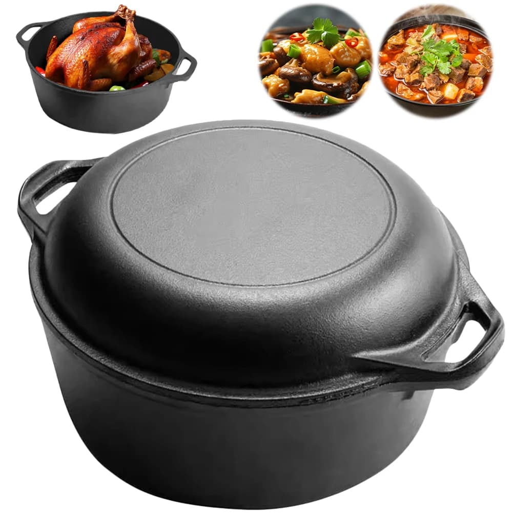 Set of pots 2 in 1 in cast iron with double handles, bread pan, fry, cook, camping, barbecue, kitchen utensils, Dutch Oven