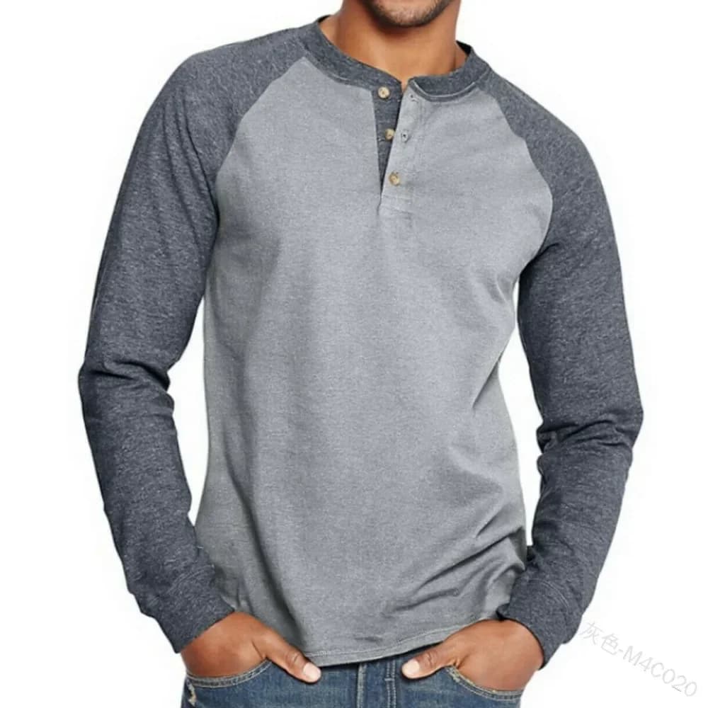 T-shirt Henley Uomo Primavera Autunno 2026 Nera con Patchwork, Maglietta Vintage a Maniche Lunghe con Bottoni e Scollo a V, Top Moda Uomo