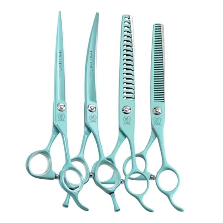 Set di 7 Forbici Professionali per Toelettatura Cani in Acciaio Inossidabile Giapponese 440C, Forbici Diritte, Sfoltitrici, Curve e Chunker per la Toelettatura degli Animali Domestici