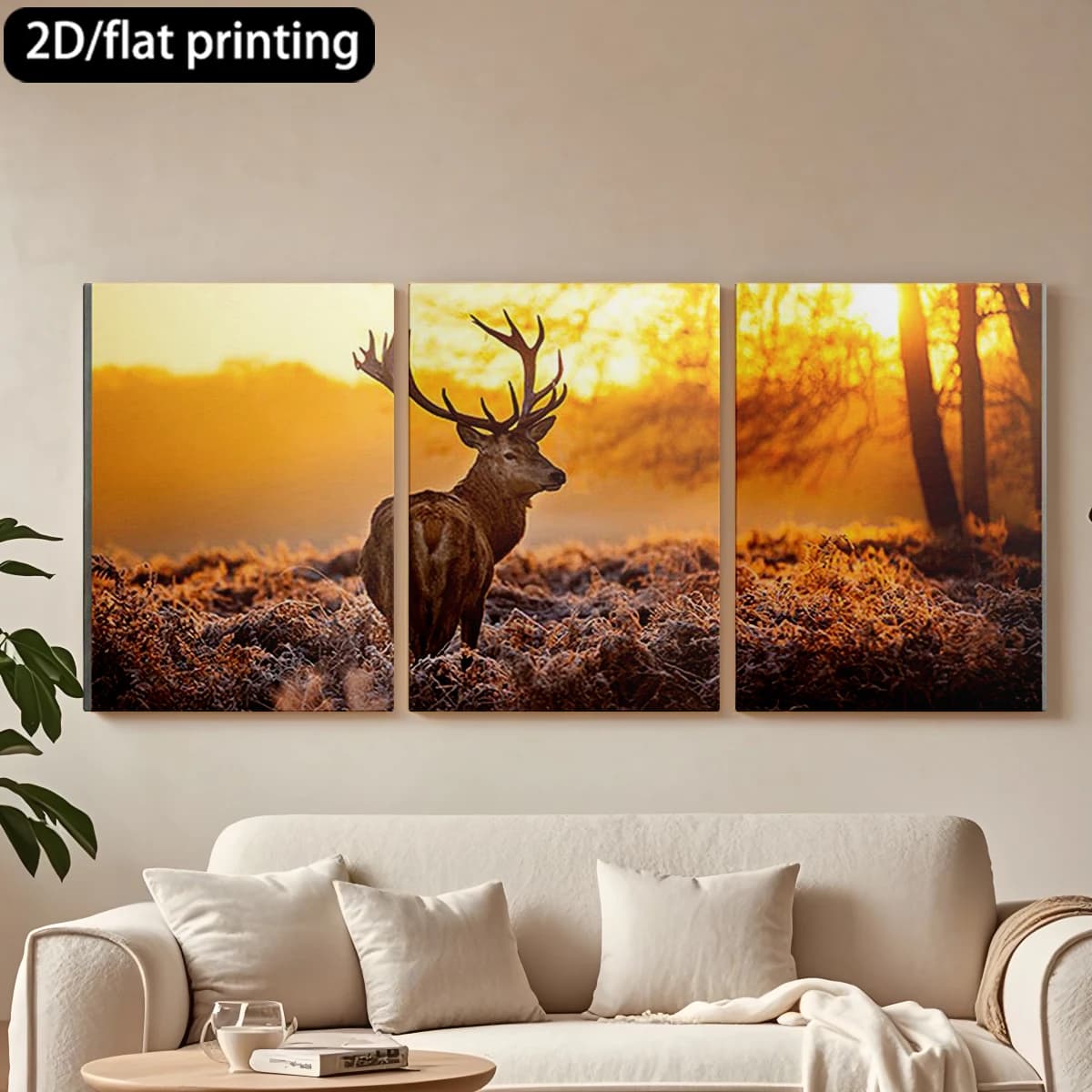 Dipinto decorativo su tela con cornice in legno, 3 pezzi. Cervo in campo inghiacciato, luce dell'alba. Decorazione per corridoio e camera da letto.