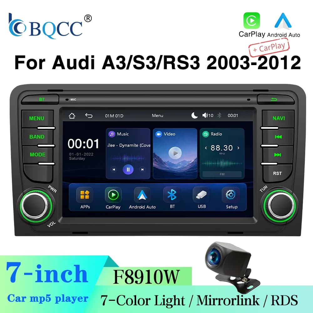 BQCC 7'' Car MP5 Player for Audi A3/S3/RS3 2003-2012 CarPlay Android Auto 7 Color Lights BT RDS FM AUX Stereo Car Radio