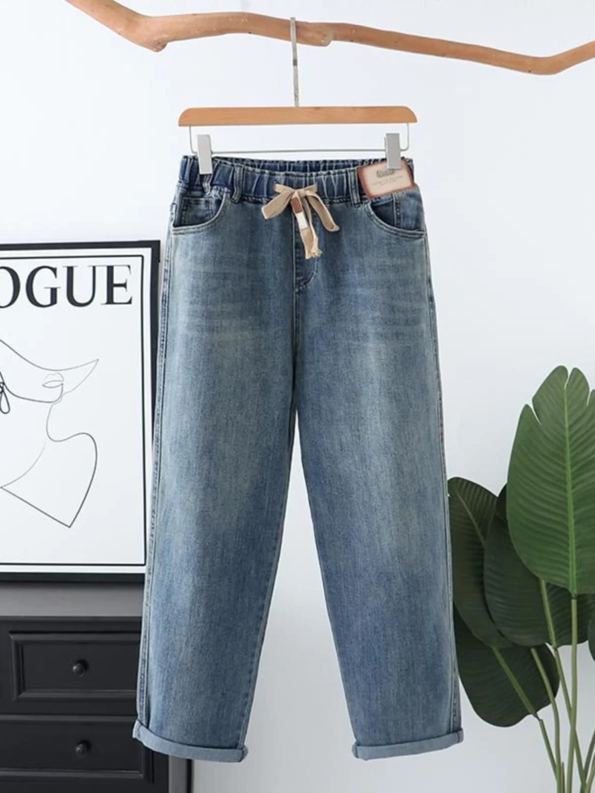 Spring New plus Size Women's Jeans High Waist Straight Leg Casual Wide Leg Drawstring Elastic Waist Gradient Slim Fit Denim