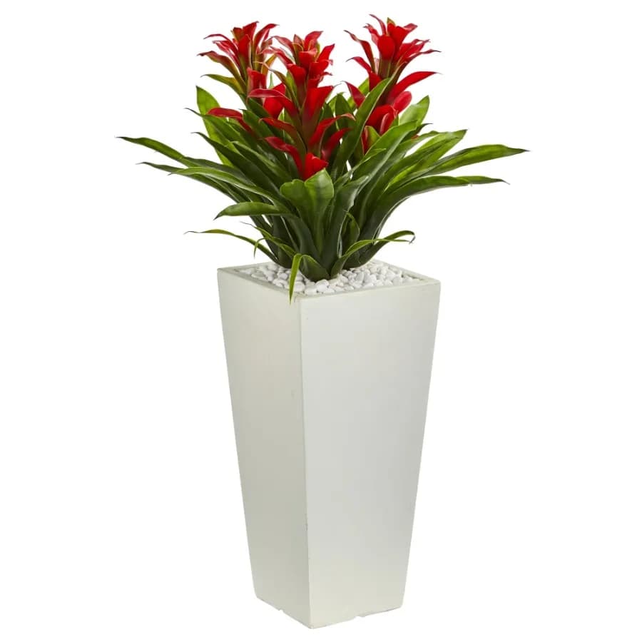 26" Triple Red Bromeliad Plastic Artificial Plant in White Tower Planter
