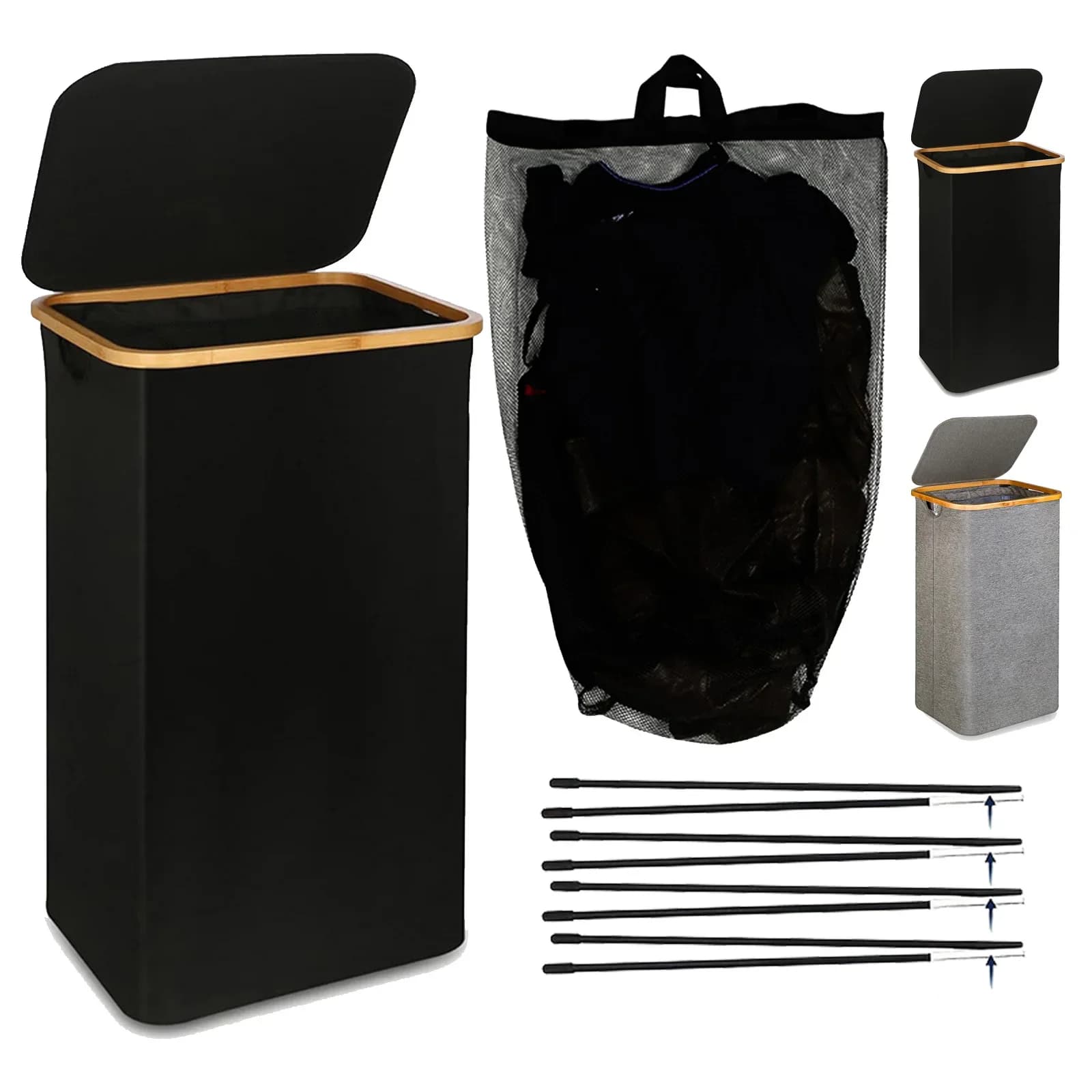 1PC dirty clothes basket with cover and inner bag, 110 litre linen basket, folding linen basket with removable inner bag