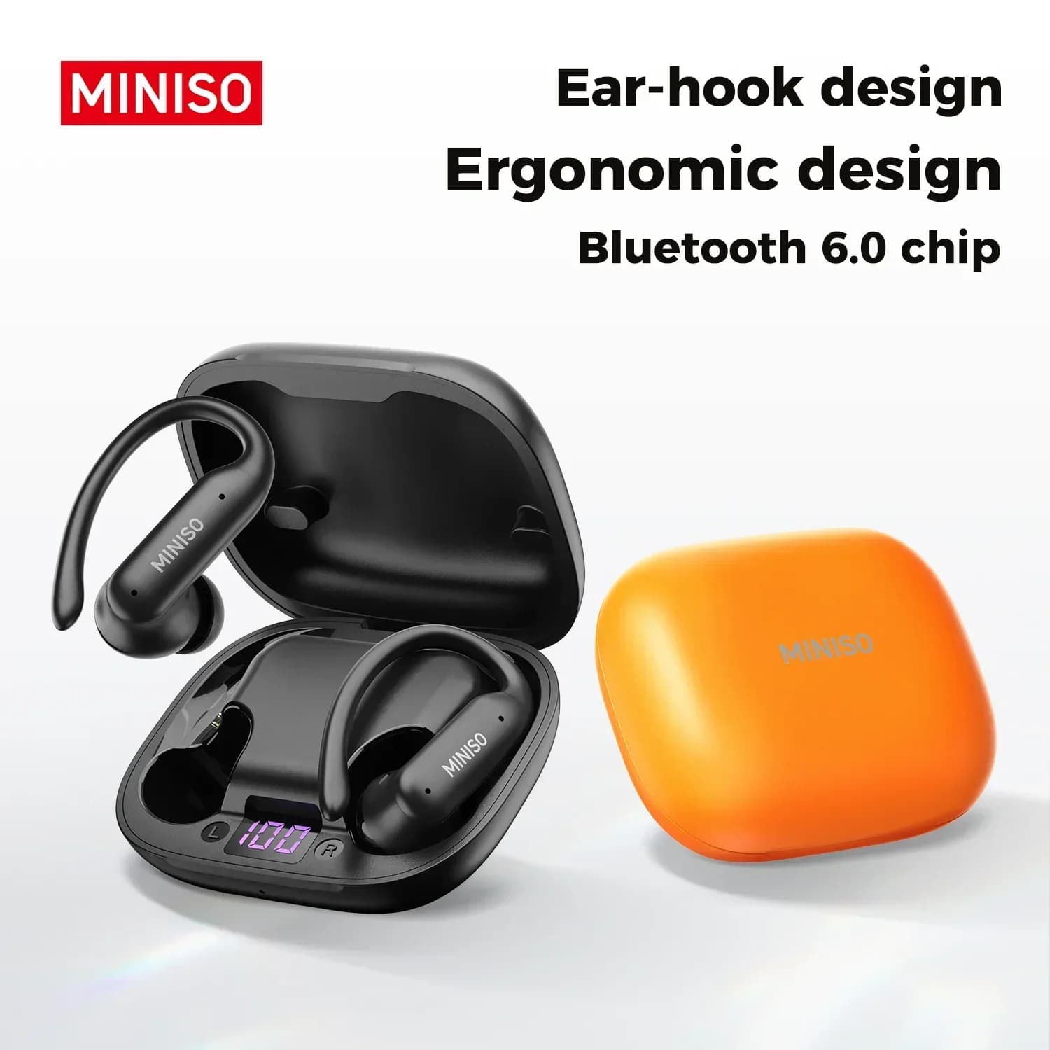 Cuffie Wireless MINISO MS219 TWS, Design Ergonomico Senza Sensazione di Pressione, Gancio per Orecchio Confortevole, Auricolari Bluetooth con Lunga Durata della Batteria