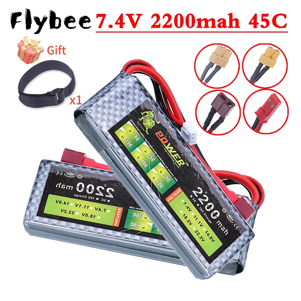 7.4v 2200mAh 45C LiPo Batteria Per RC Quadcopter Elicottero Auto Barca Droni Pezzi di Ricambio 7.4V 2S Batteria Con T JST XT30 XT60 Spina