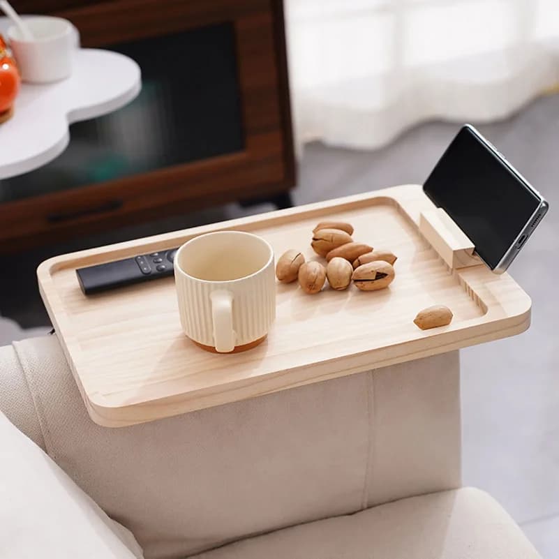 Sofa Tray with Phone Holder Wooden Sofa Tray with Phone Tablet Holder Couch Arm Dining Tray for Breakfast Snack Dessert