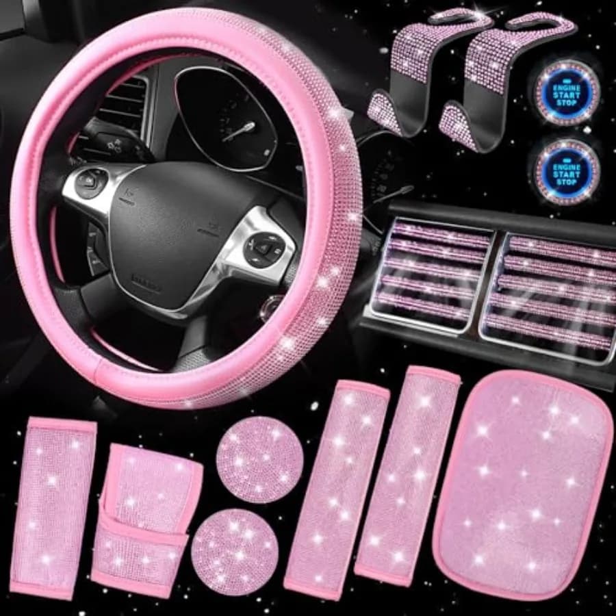 Set di Accessori Auto Scintillanti per Donne: Cintura con Strass, Cuscino, Pomello del Cambio Glitterato, Portabicchieri Auto, Sottobicchieri e Simpatico Pin per Interni