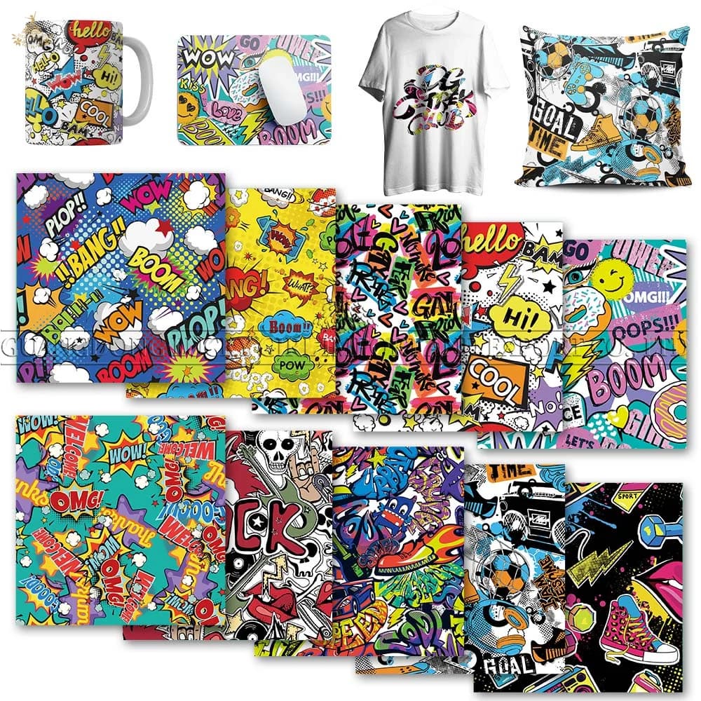Lucky Goddness Graffiti fogli di inchiostro a trasferimento infusibile 10 pezzi 12x12 ''sublimazione di carta a trasferimento astratto per tessuto T-Shirt tazza