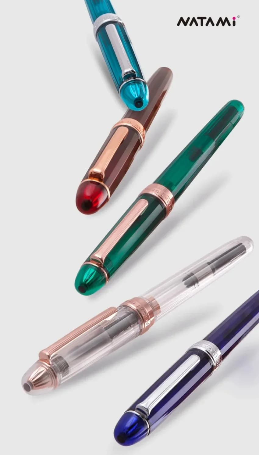 Natami Fountain Pen Fine Nib Transparent Clear Ink Converter Smooth Flow Rose Gold Trim Calligraphy Gift Leather Pouch Platinum