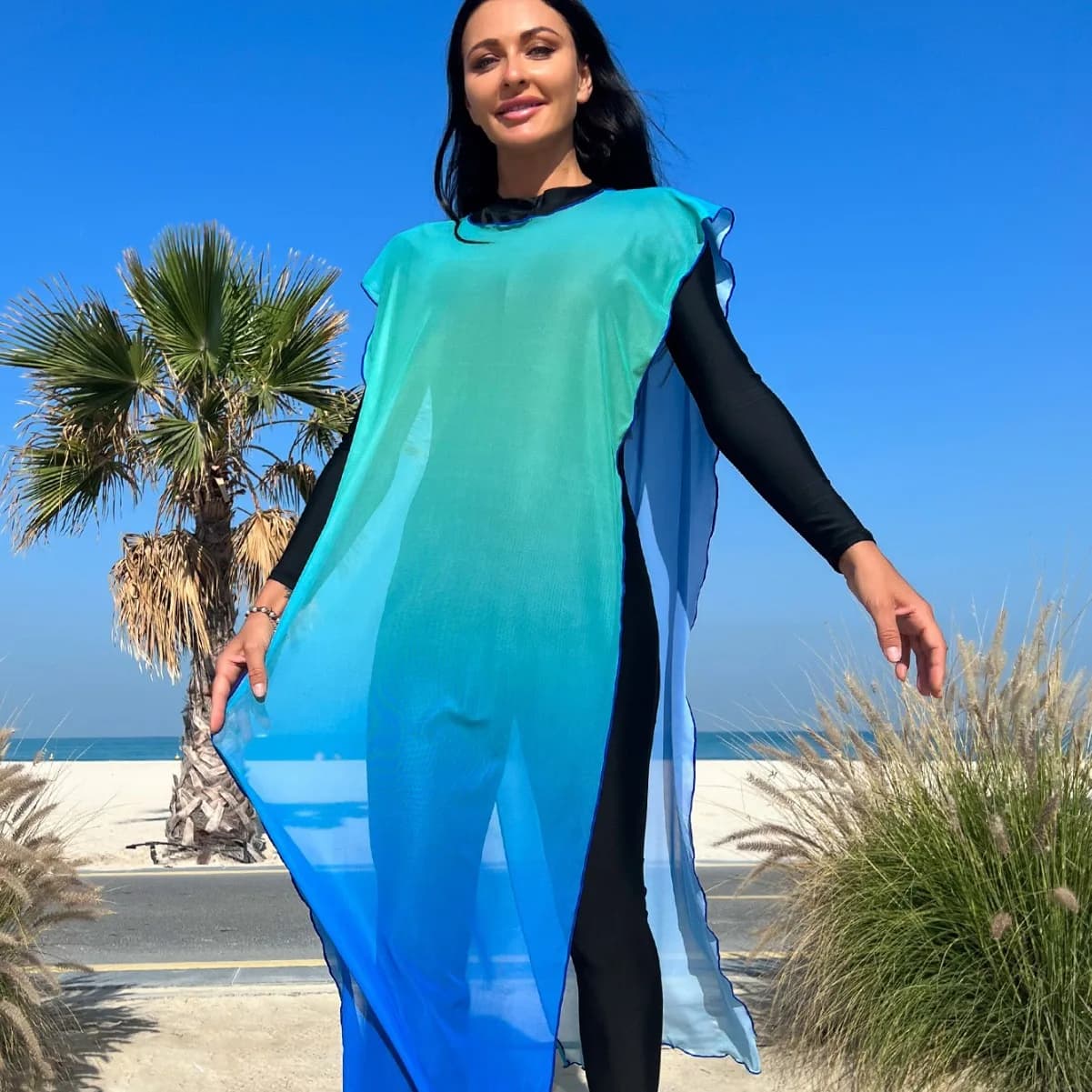 Burkini swimwear Muslim woman, black swimsuit, blurred blue, apron summer beach clothing, diving suit, Surf clothing, new