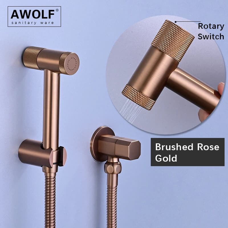 Spruzzatore per bidet per WC portatile in oro rosa spazzolato Kit doccia per bagno in ottone massiccio Sistema Shattaf Cromo Nero opaco AP2361