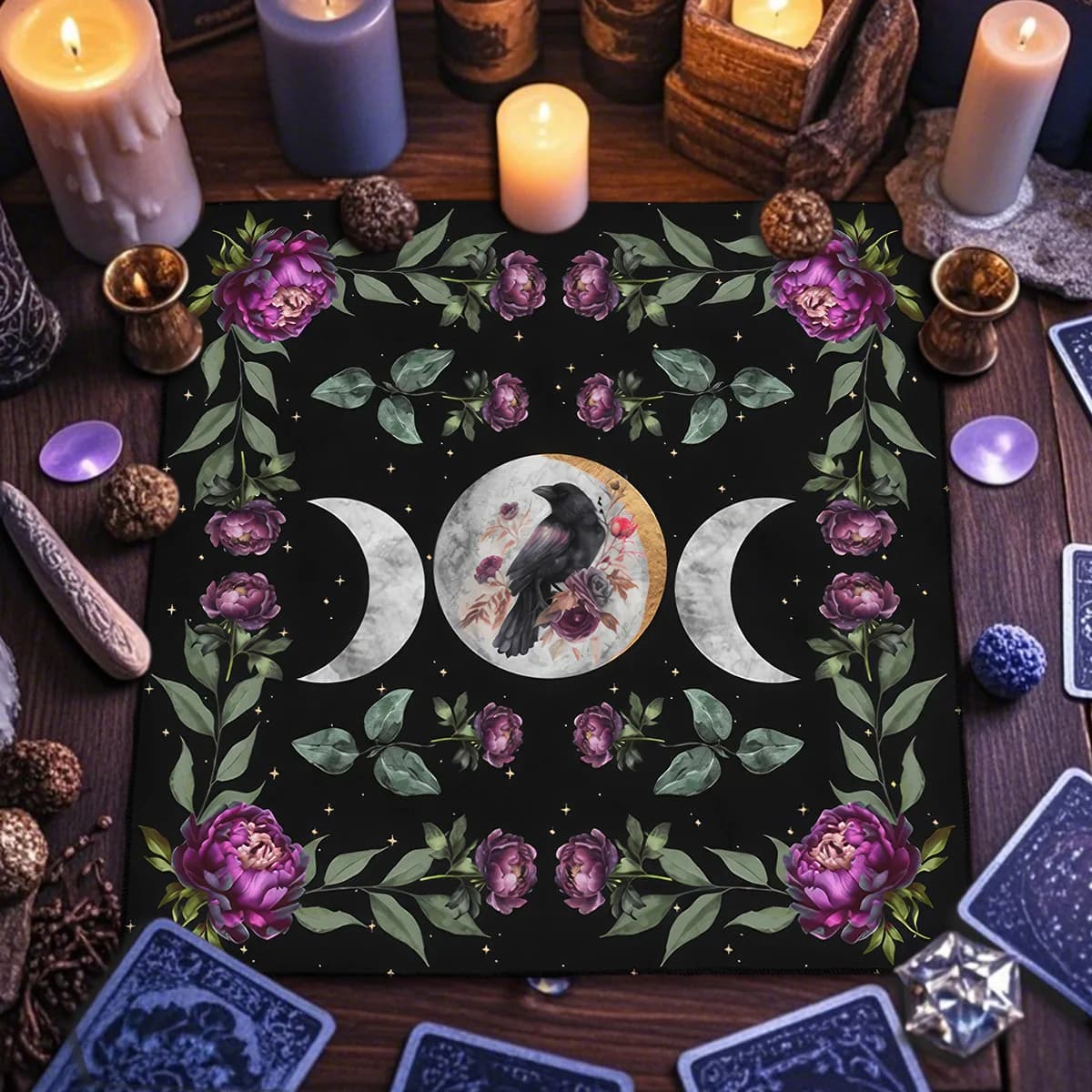 Triple Moon Crow Tarot Tablecloth Flower Design Altar Cloth Tarot Mat for Witchcraft Astrology Oracle Cards Decoration