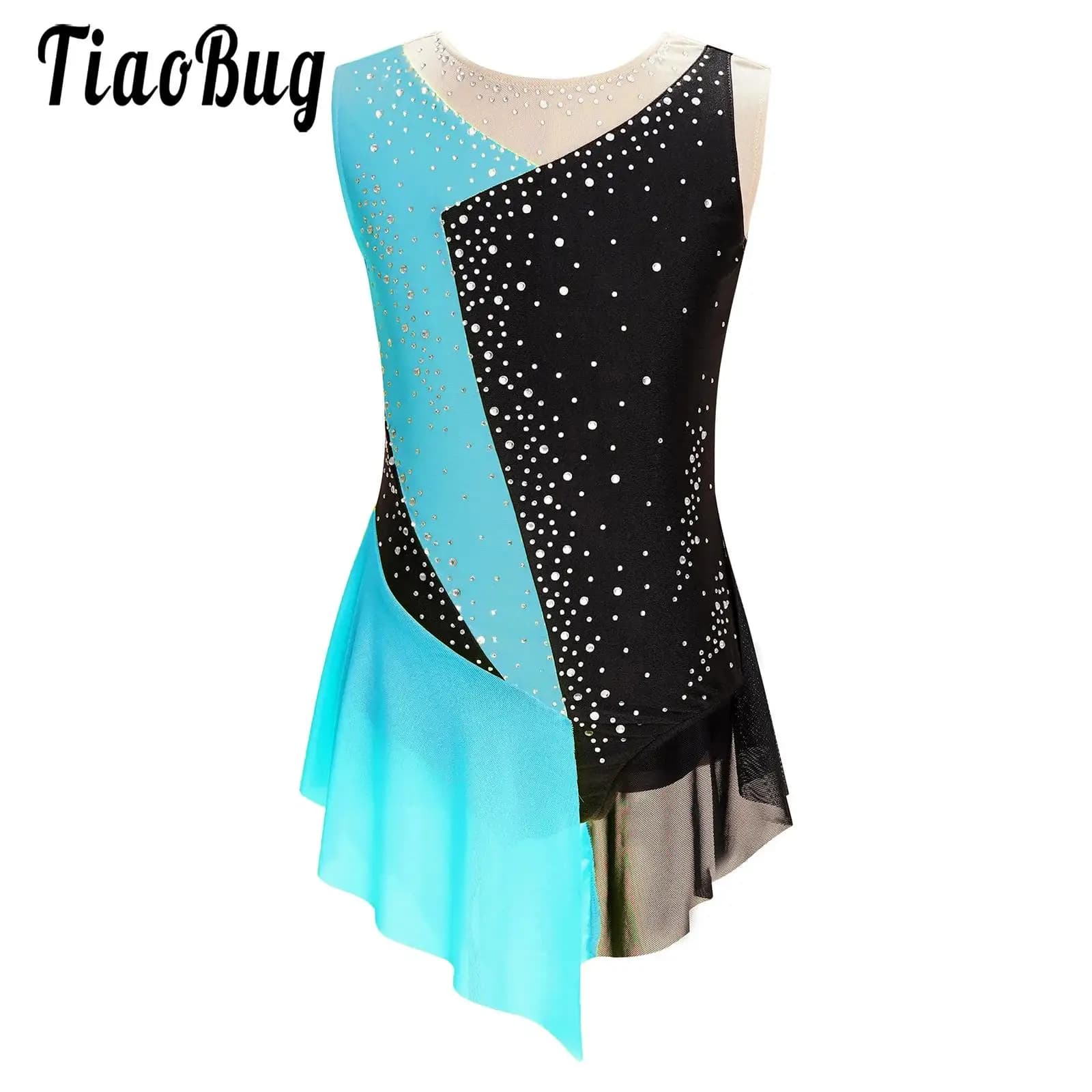 Kid Girls Figure Ice Skating Dress body Competition Costume Color Block senza maniche Sheer Mesh Patchwork body Ballet Dress