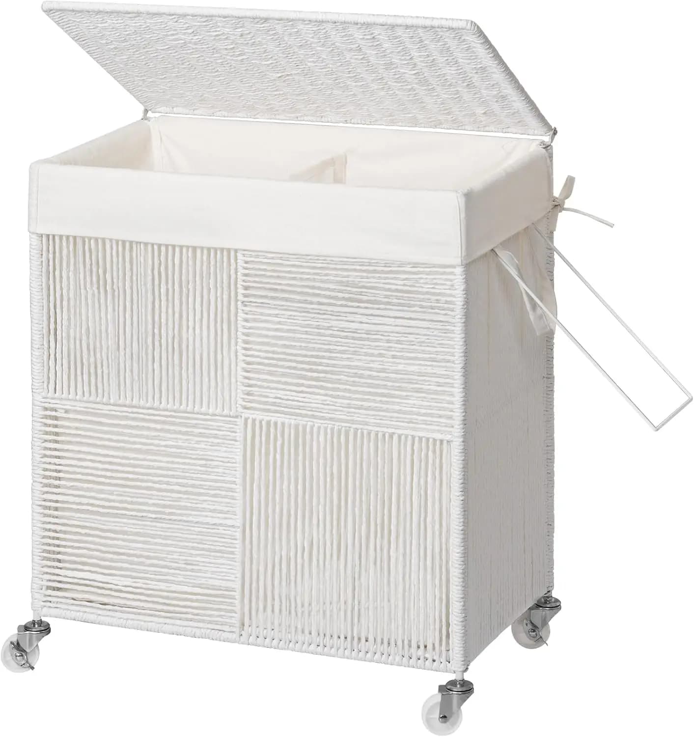 Cesto portabiancheria doppio con coperchio, cesto portabiancheria intrecciato a mano con ruote da 115L, cesto per la raccolta della biancheria sporca con sacca interna rimovibile per lavanderia