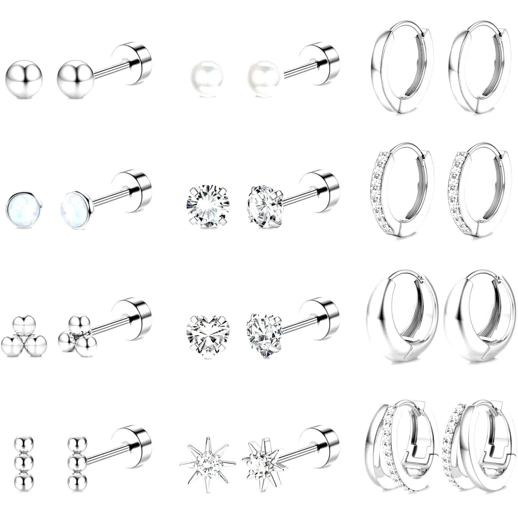 12 Pairs Surgical Steel Flat Back Earrings for Women Stud Hoop Earring Stacks Cartilage Earring Set for Multiple Piercing