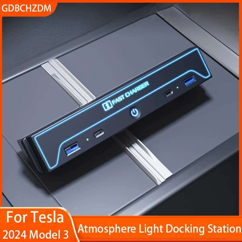 Per Tesla Model3 Highhland Atmosphere Light Docking Station Tipo-c 27W Caricatore rapido USB Extender Docking Station Alimentato Splitter