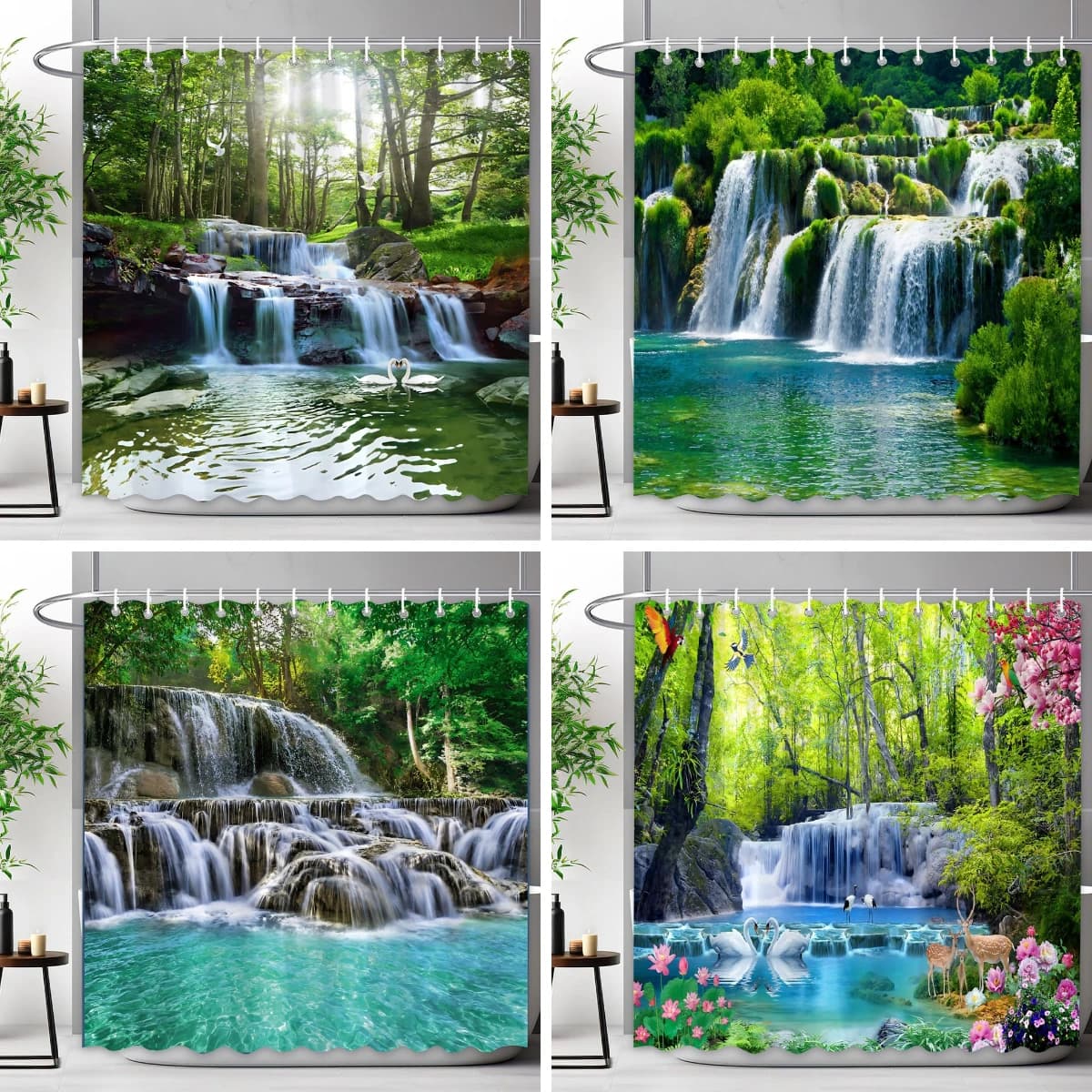 Forest Waterfall Shower Curtain Outdoor Nature Landscape Lush Woods Green Plants Floral Polyester Shower Curtains Bathroom Decor