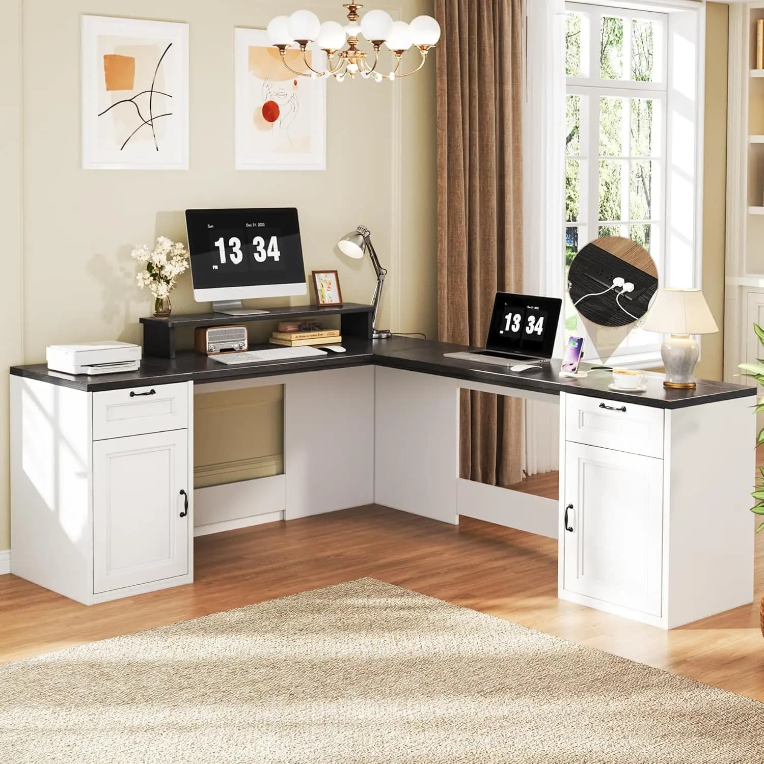 Scrivania Direzionale a L da 78 Pollici con Cassetti, Prese di Corrente, Supporto Monitor, Armadietto, Ripiano per Stampante, Stile Rustico, Personalizzabile