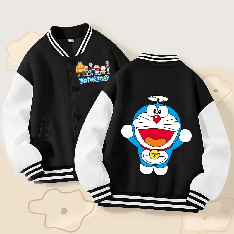 Giacche per bambini Doraemon, uniformi da baseball con personaggi dei cartoni animati per ragazzi e ragazze, top casual carini, abbigliamento classico, felpa nera