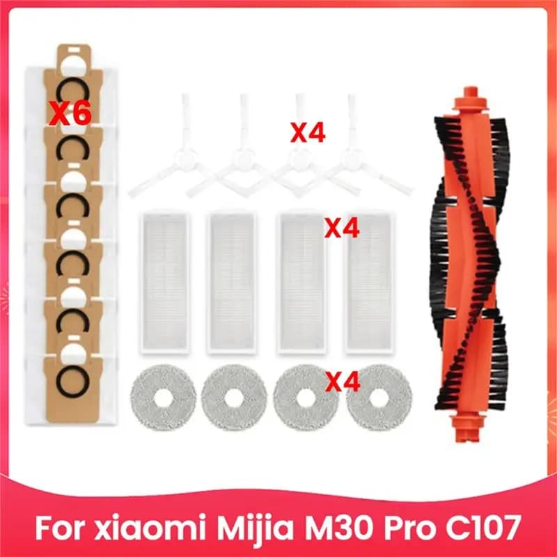 A04G-19PCS For Mijia M30 Pro C107 Robot Vacuum Accessories Main Side Brush Mop Cloth Hepa Filter Dust Bag Parts Kit
