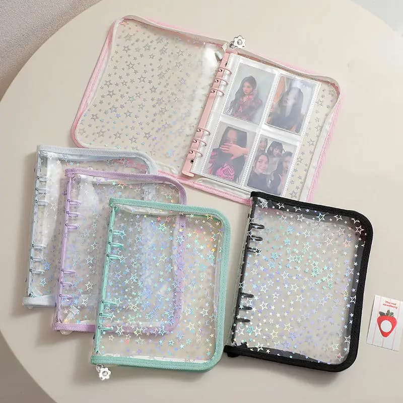 Copertina per raccoglitore A5/6/7 a 6 fori in PVC con cerniera, trasparente con glitter a stella, per album fotografico, organizer ricaricabile
