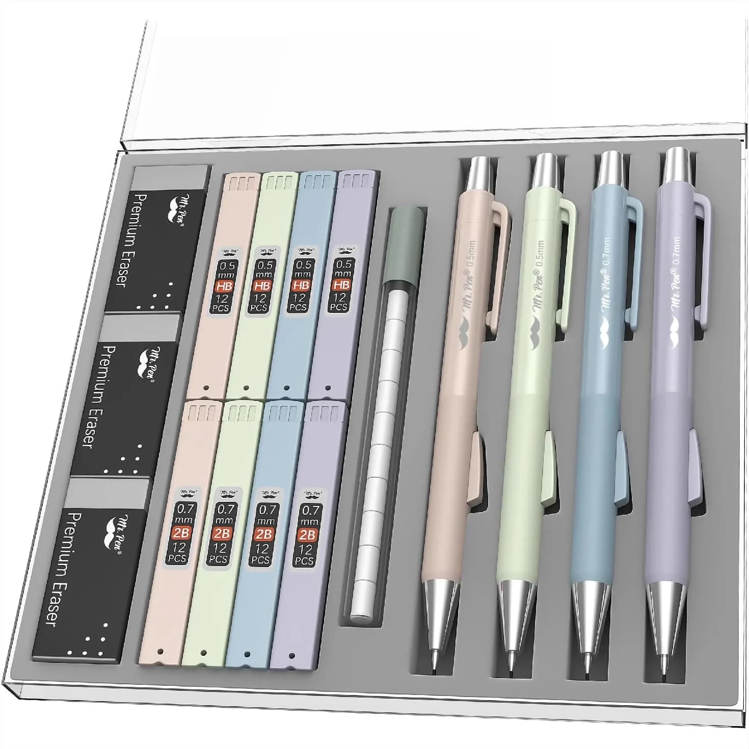 Pastel Mechanical Pencil Set with Lead Refills & Erasers, 4 Pack, 0.5 & 0.7mm, Fast Click, 6x Tubes HB & 2B Lead, 3x Eraser for