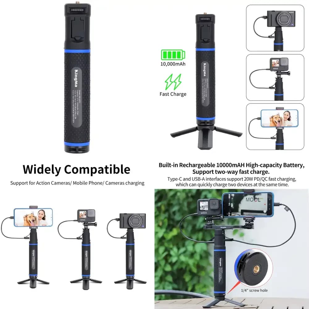 KingMa-GP01 Power Bank da 10000mAH con Impugnatura e Asta Selfie per Hero10 9 8 7 6 5, Telefono, Fotocamera DSLR, Caricatore 20W PD/QC