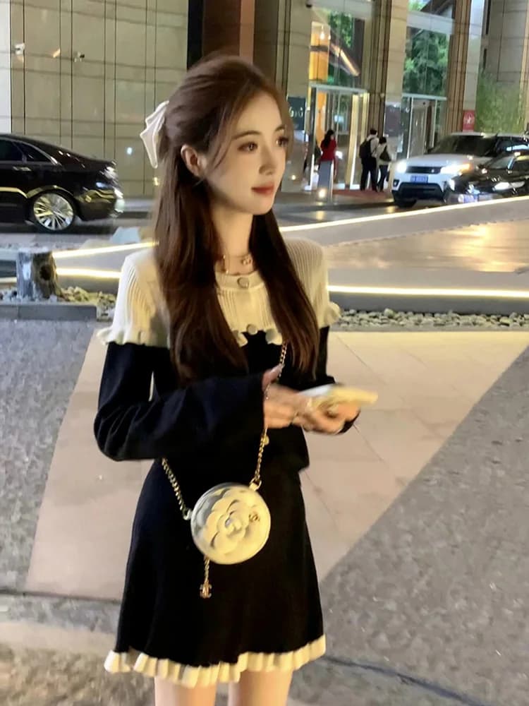 Completo elegante coreano da donna: gonna e top coordinati, look chic a maniche lunghe per primavera e autunno