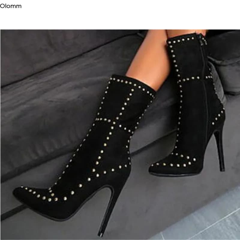 Olomm New Women Handmade Boots With Studs Stiletto Heels Boots Pointe Boots Super sexy Club Wear Women's Shoes Plus US Size 5-15