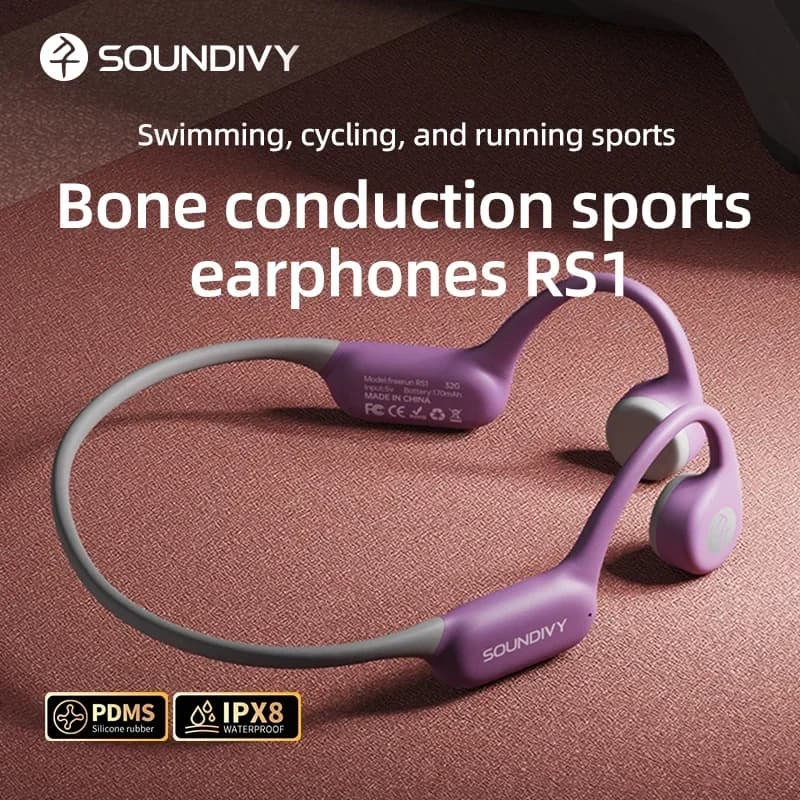 SOUNDIVY RS1 Auricolari a Conduzione Ossea Bluetooth Wireless con Memoria da 32GB, Impermeabili IPX8 per Nuoto e Corsa