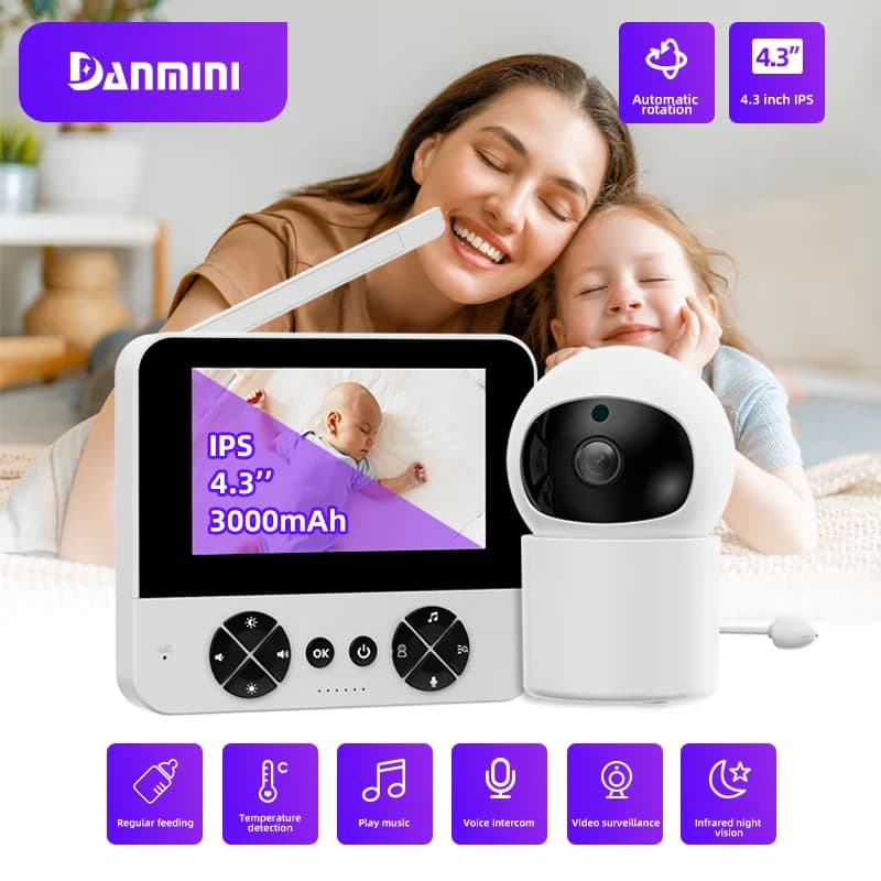 Danmini Baby Monitor intelligente Display a colori IPS da 4,3 pollici Controllo PZT Telecamera di sorveglianza di sicurezza interna per visione notturna