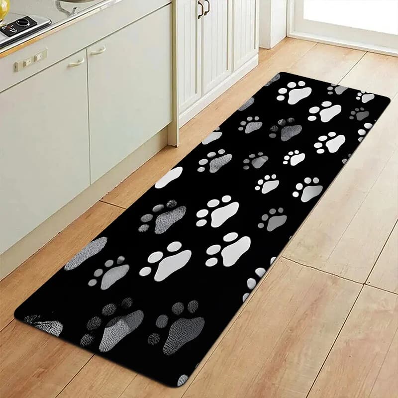 Tappeto con Stampa di Zampa Animale, Tappetino per Cucina, Decorazione per Casa, Soggiorno, Ingresso, Design Antiscivolo Moderno Nero