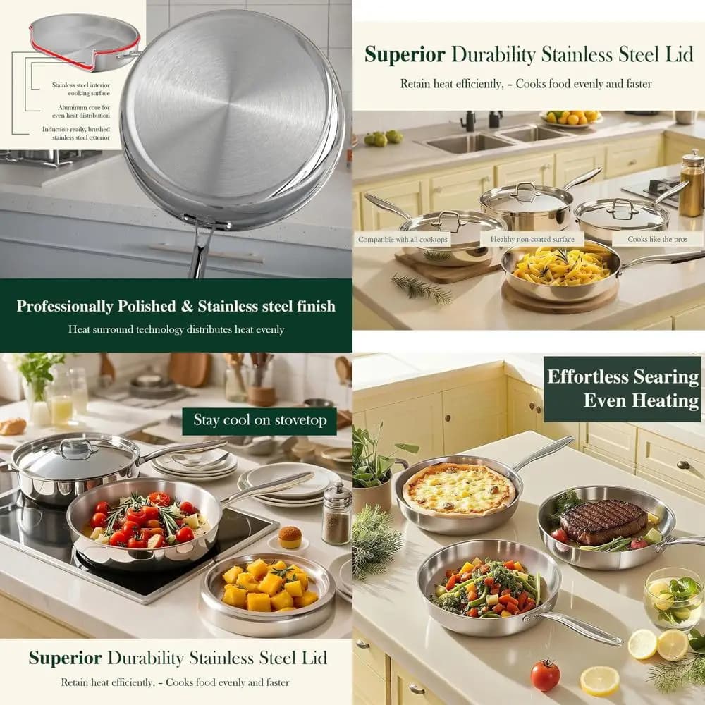 12 Pro Tri-Ply stainless steel pan with cover, suitable for induction, oven and dishwasher, uniform heater for heavy loads