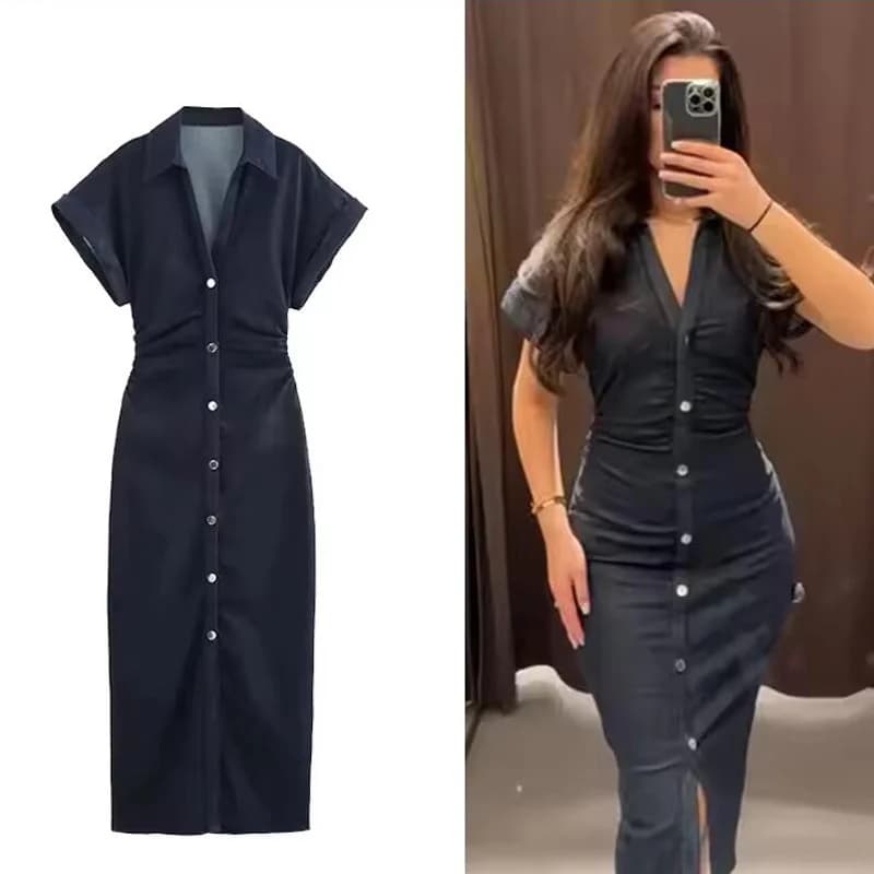 Abito in denim da donna Primavera Estate Abiti lunghi casual per le donne 2026 Abito longuette streetwear a maniche corte con volant di nuova moda