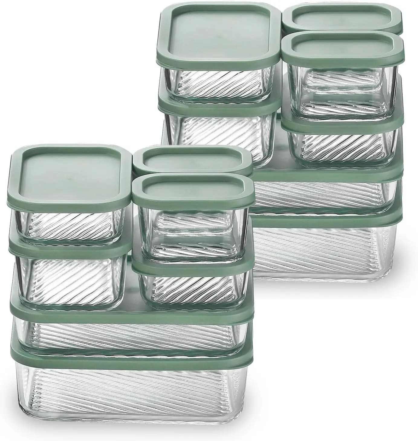 Set di 14 Contenitori in Vetro per Alimenti con Base Scanalata, 14 Contenitori Impilabili in Vetro Senza BPA con Coperchi per Pranzo