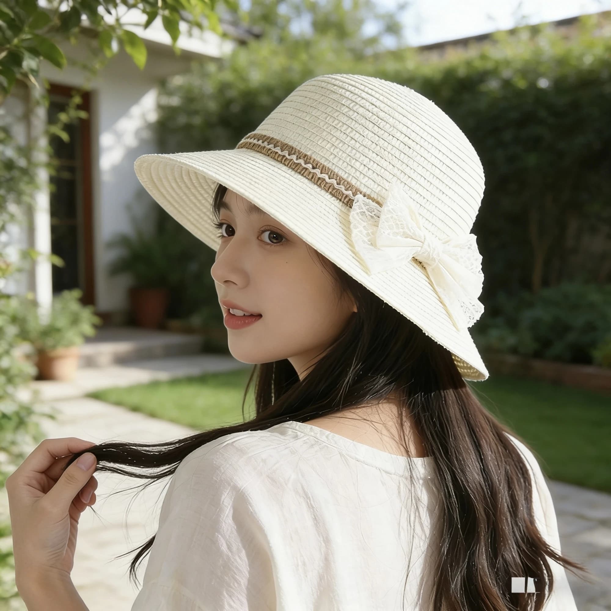 Elegante cappello di paglia da donna con fiocco in pizzo e tesa larga, cappello da spiaggia elegante per le vacanze estive, cappello alla moda per la protezione solare