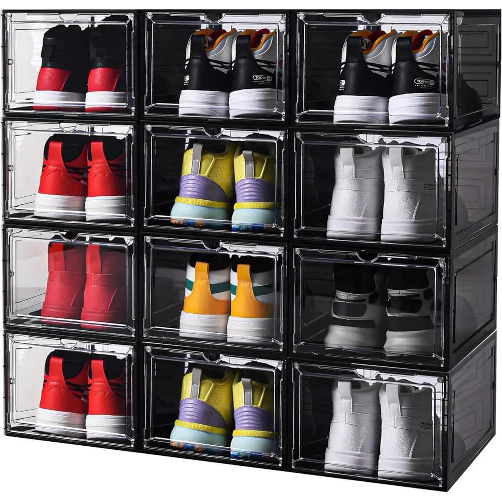 Stackable Black Shoe Storage Boxes, 12-Pack Hard Plastic Organizers with Magnetic Doors, US Size 13 Sneaker Storage Cases