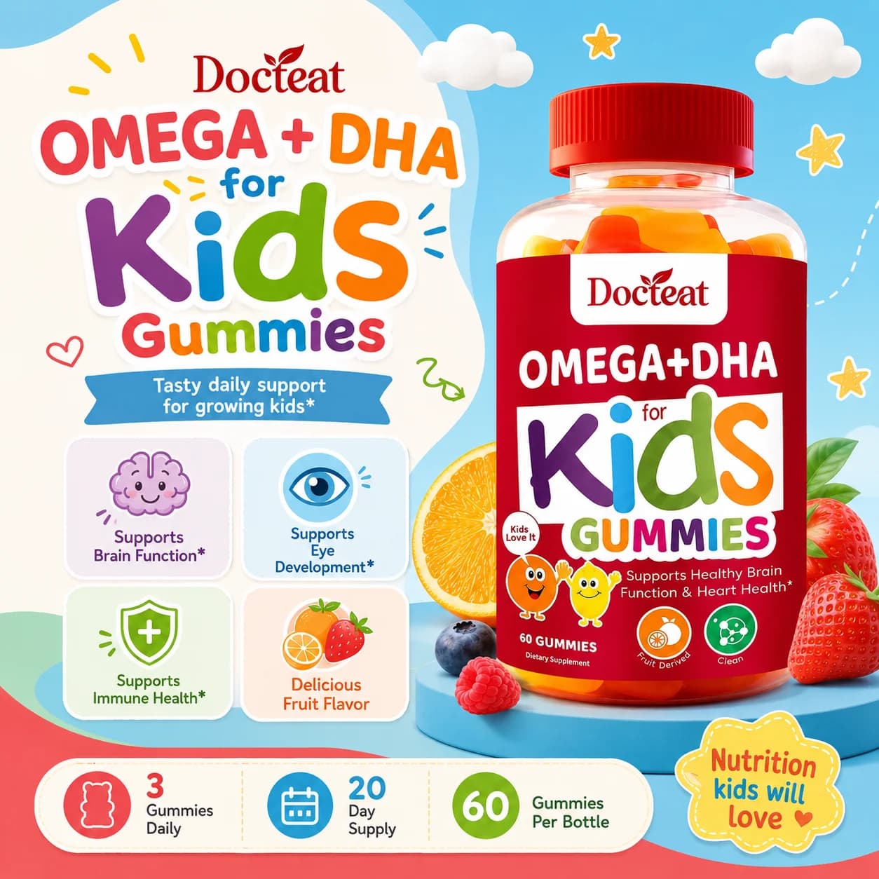 Docteat Family Omega DHA Gummies 60 Count Vitamin C Omega 3 6 9 Dietary Supplement Immune Antioxidant Support