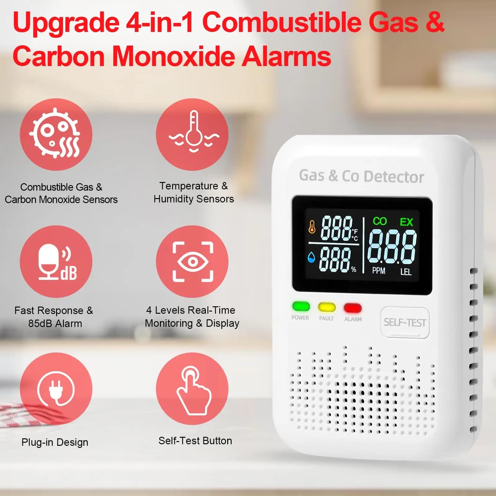885B Combination Natural Gas & Carbon Monoxide Detector,AC-Plug-in Explosive Gas & Carbon Monoxide Alarm,Low KH885B Concentration Levels,4-in-1 Real-time Display & Monitor for Home,Camping,RV, Apartment