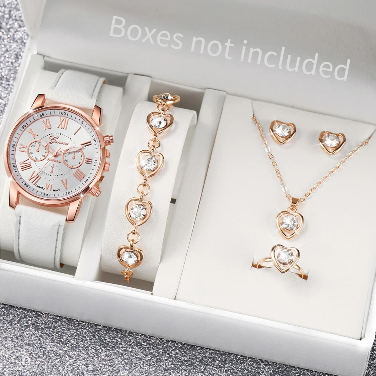 5/6 pezzi di orologi da polso analogici da donna alla moda con cinturino in pelle, set di gioielli con strass a forma di cuore (senza scatola) per donna