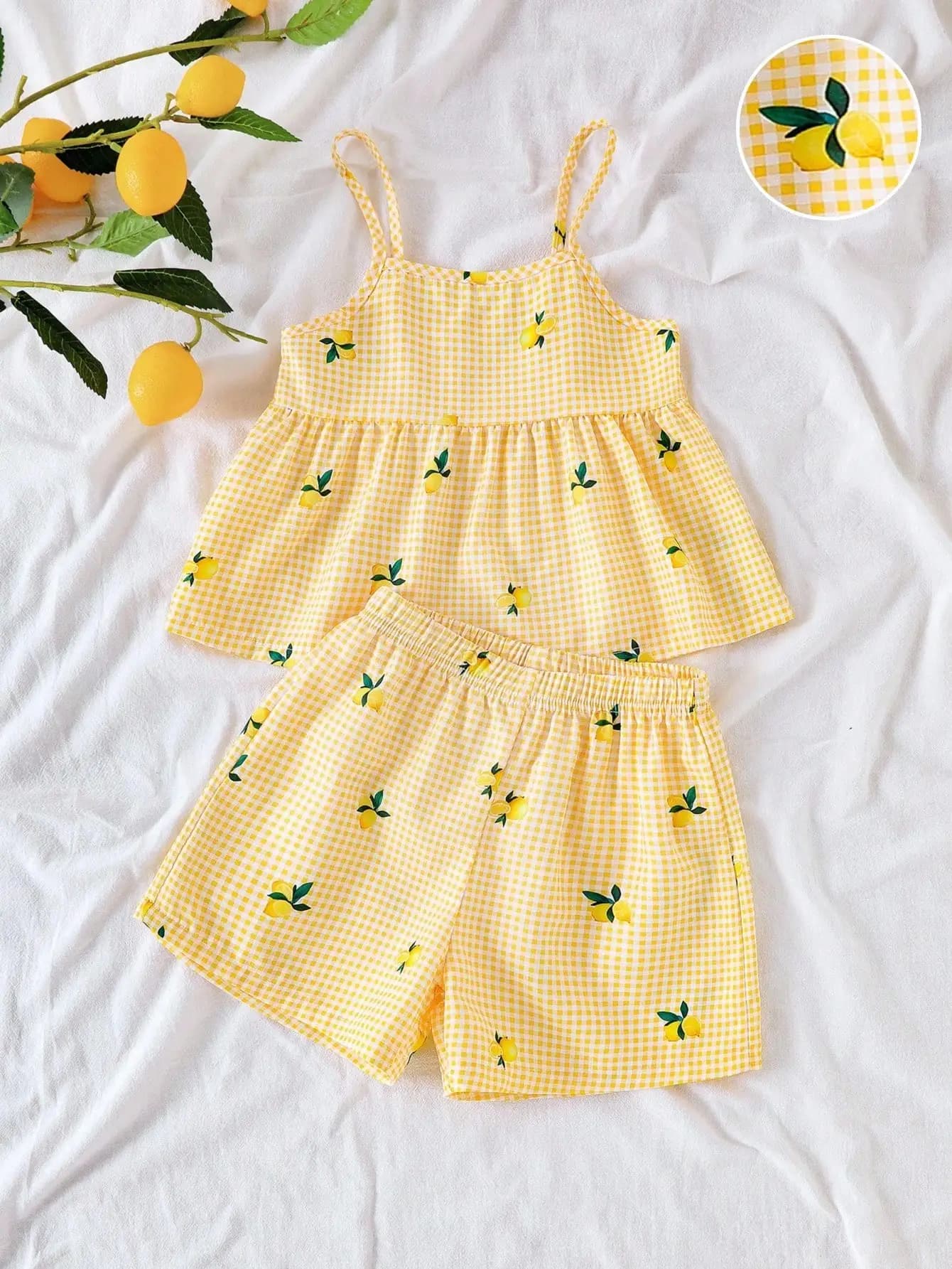kids Yellow Plaid Camisole And Shorts Set With Lemon Print For Vacation Style Girls Lemon Two Piece Set Yellow Two
