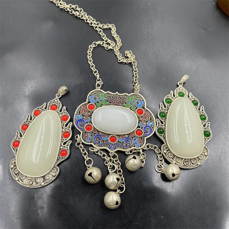 Inlaid White Drop Large Tibetan Silver Lock Sweater Chain Jade Pendant