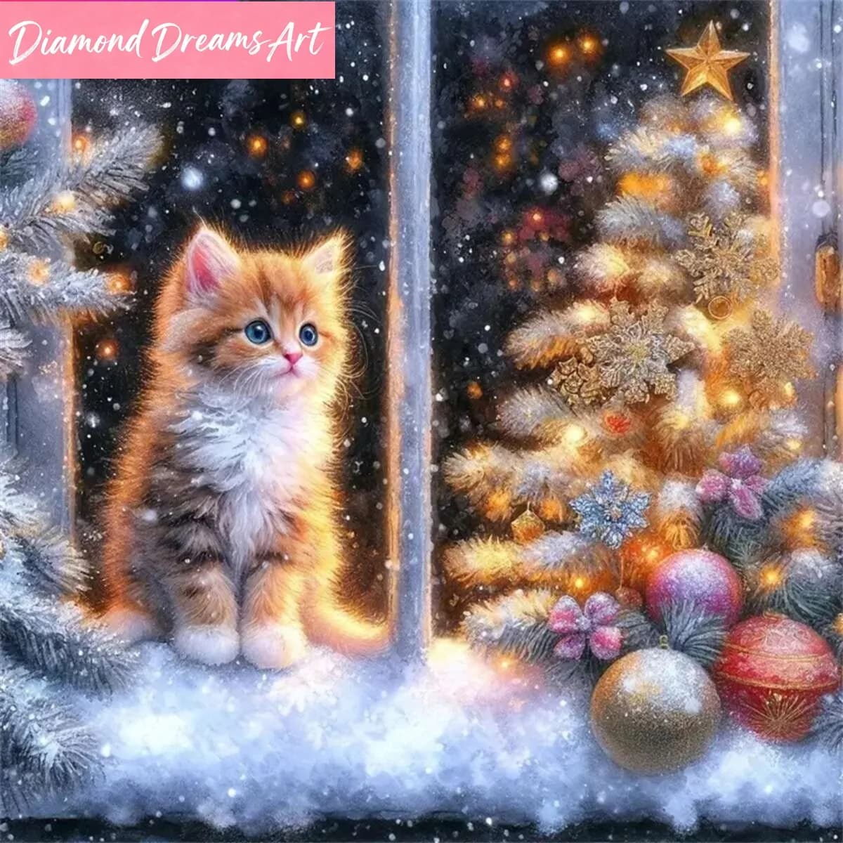 Diamante Painting Gatto Animale Mosaico Quadrato Rotondo Completo Albero Regalo di Natale Ricamo Decorazione Invernale per la Casa, Senza Cornice