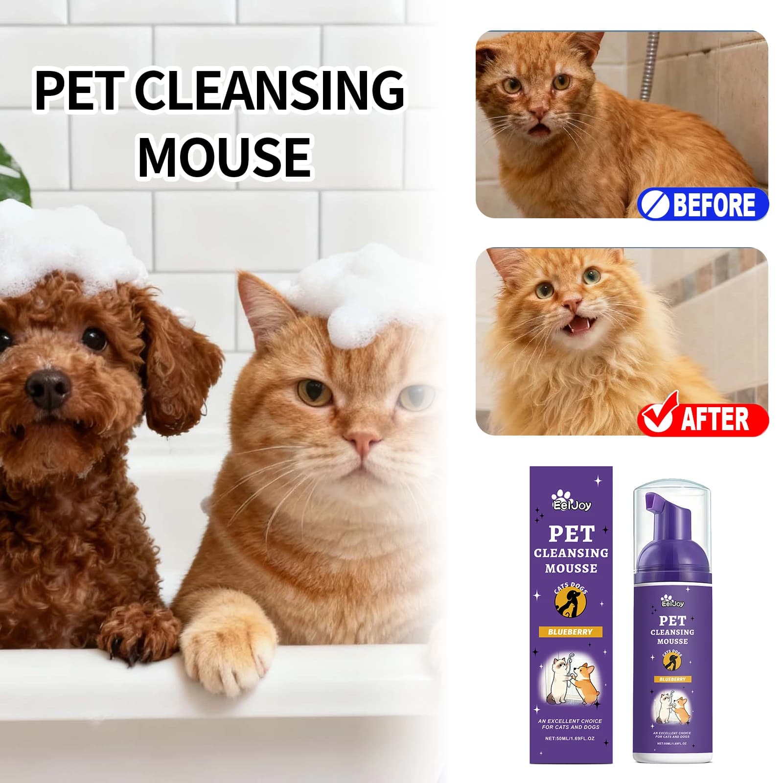 Mousse detergente senza risciacquo per animali domestici al profumo fresco di mirtillo, rimuove odori e nodi, facile da usare, delicata, schiuma detergente per cani e gatti