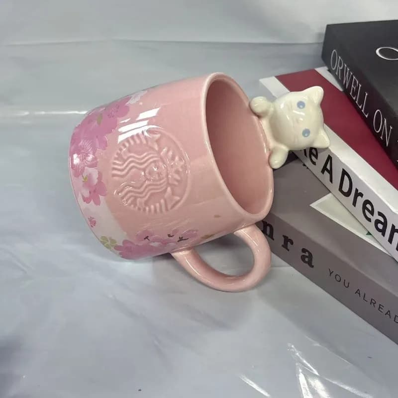Tazza Starbucks Pink Cherry Blossom, tazza da caffè in ceramica da 355 ml con stampa Sakura e figura di gatto
