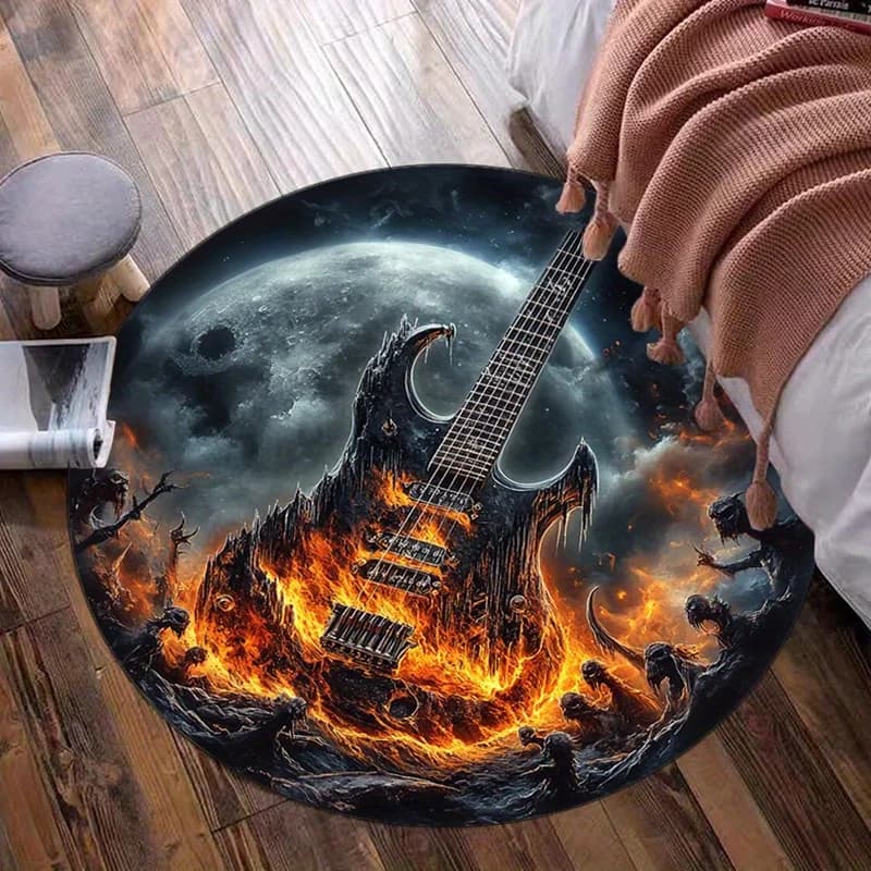 Chitarra fiammeggiante Notte lunare Tappeto rotondo Tappetino in peluche Tappetino per gruppi musicali rock Decor Tappeto per camera da letto a tema heavy metal Tappeto per amanti della musica
