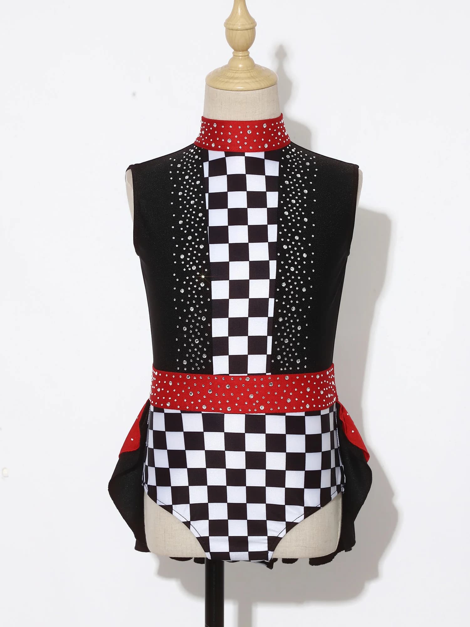 Body da Pattinaggio Artistico per Ragazze con Strass Lucidi, Fantasia Scozzese, Senza Maniche, con Cut-out Posteriore, Sovrapposizione a Balze, Elasticizzato, Scintillante, per Spettacoli e Competizioni