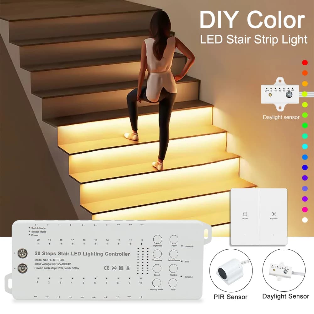 5-20 Passi Controller Intelligente Scala Ad Alta Luminosità COB Striscia LED Set Completo Installazione Veloce Sensore di Movimento Intelligente Luce per scale STEP-07